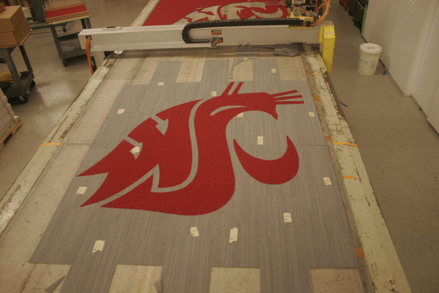 Collegiate logo freshly cut, laid out on the cutting bed